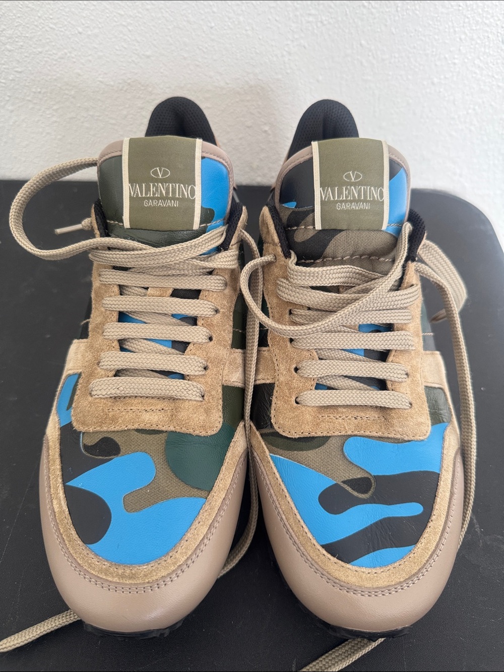 Valentino Garavani Men’s Blue Camouflage & Tan Suede Sneakers